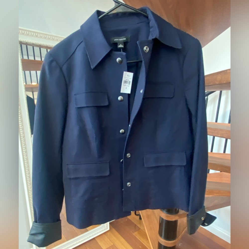 Brand new with tags! Ann Taylor Navy Blazer with Silver Buttons and black cuffs!